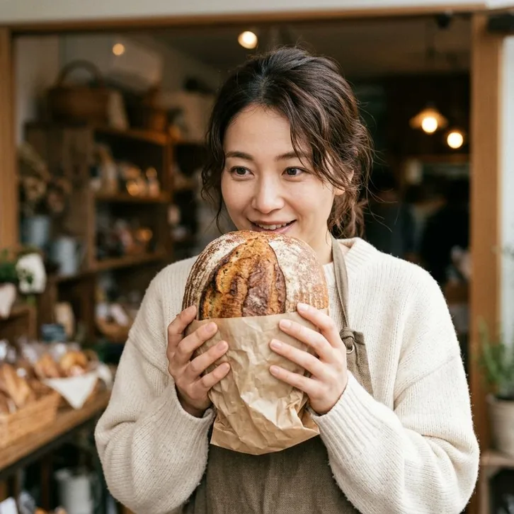 大きなパンの香りをかぐ女性