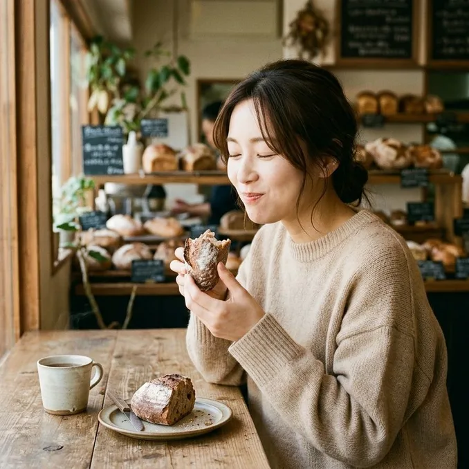 パンを味わって食べる女性