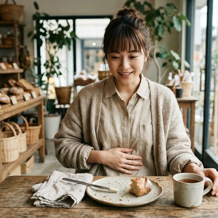 パンを食べてお腹に手を当てる女性